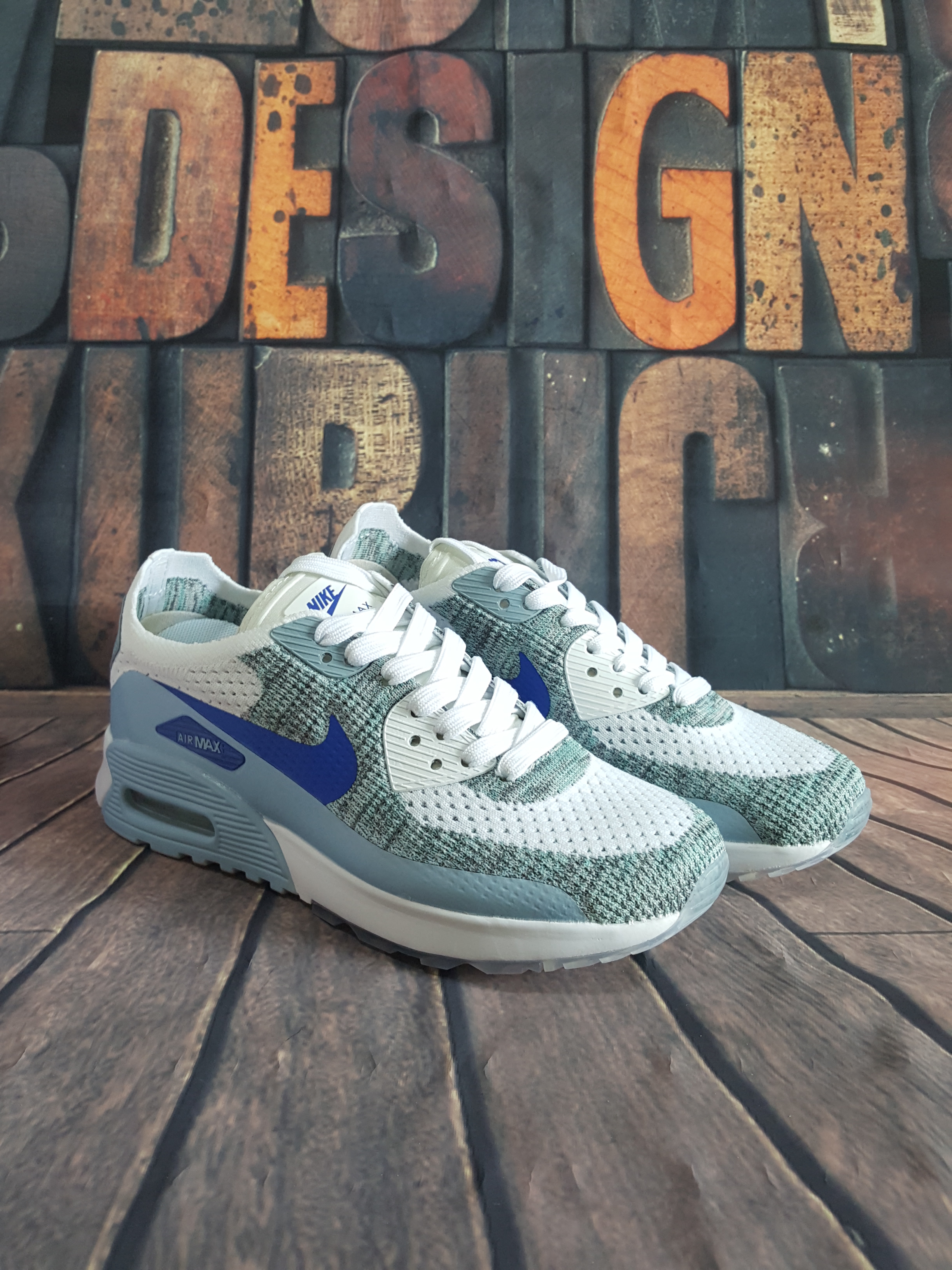 Nike Air Max 90 Flyknit White Grey Blue Shoes